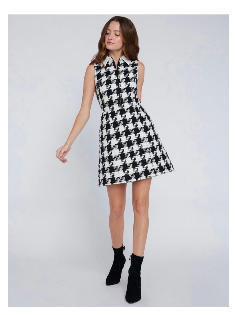 Alice + Olivia Black and White Houndstooth tweed Sleeveless A-Line Dress